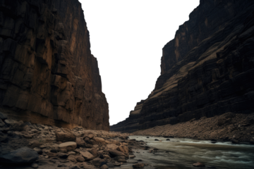 dry fjords. steep canyon walls. deep gorges. Transparent PNG background. Sedimentary Soil. steep soil cliff. river. 