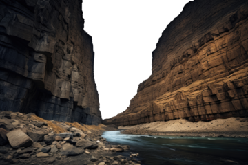 dry fjords. steep canyon walls. deep gorges. Transparent PNG background. rocky terrain. steep soil cliff. lake. 