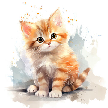 Watercolor Cute Kitten Illustration, Generative Ai