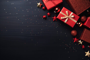 top view, red decorations and christmas presents on a black wooden background, minimalist backgrounds