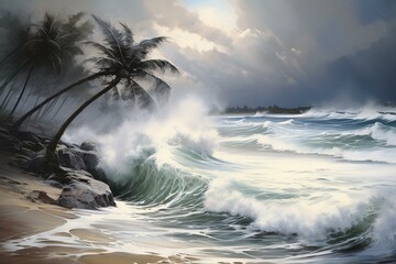 Beach storm, swaying palms, crashing wave on sand. Generative AI