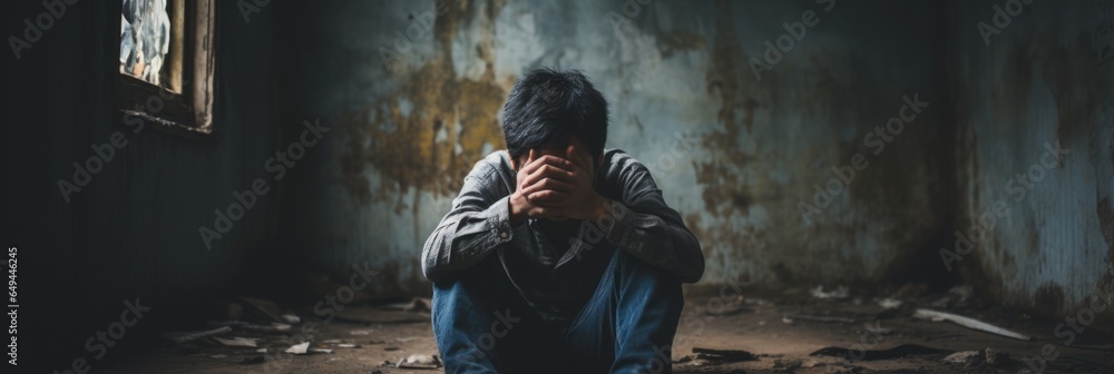 Wall mural A crying man sitting on the ground in a dark room, AI