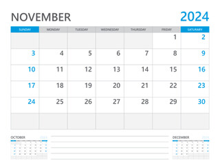 November 2024 year, Calendar planner 2024 and Set of 12 Months, week start on Sunday. Desk calendar 2024 design, simple and clean design, Wall calendar, Corporate design planner template vector