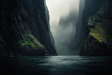 tall fjords. steep cliff. river, lake, creek. fantasy foggy, misty landscape. Doubtful Sound, New Zealand’s South Island - obrazy, fototapety, plakaty