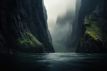 Türaufkleber tall fjords. steep cliff. river, lake, creek. fantasy foggy, misty landscape. Doubtful Sound, New Zealand’s South Island © ana