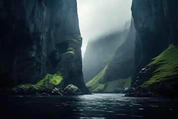 tall fjords. steep cliff. river, lake, creek. fantasy foggy, misty landscape. - obrazy, fototapety, plakaty