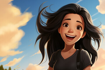 Caricatura de niña latina cabello negro con grandes ojos expresivos muy feliz y con un bello cielo azul y atardecer luminoso - obrazy, fototapety, plakaty