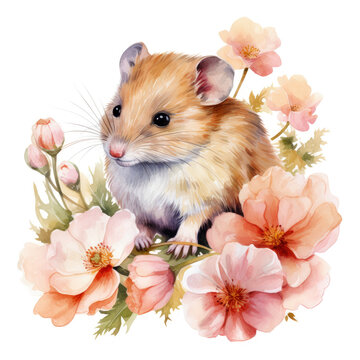 Watercolor Flower Mouse Illustration, Generative Ai