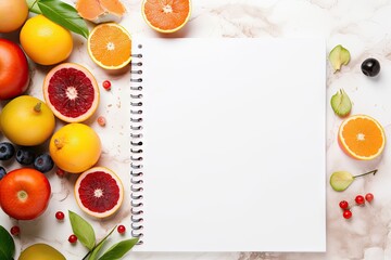 a notebook with fruit on a white background Generative AI - obrazy, fototapety, plakaty