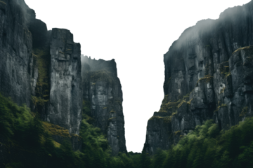 tall fjords. isolated transparent PNG. steep cliff. river, lake, creek. fantasy landscape. Milford Sound fjords