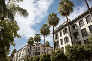 Fototapeta na wymiar Palm trees in old-style Beverly Hills, Los Angeles. Generative AI