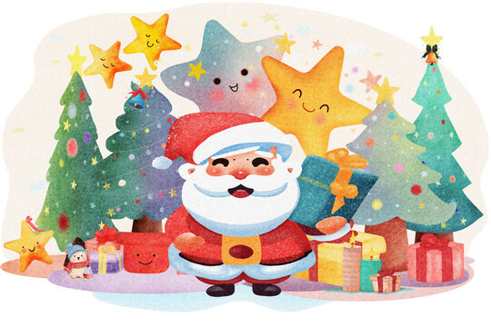 Christmas items collection set, A cute Santa Claus character holding a blue present box in hands and Christmas items. Vector illustration drawing.