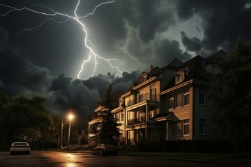 Naklejka na ściany i meble A gloomy sky with lightning striking above a residential building, depicting stormy weather. Generative AI