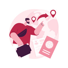 Emigration abstract concept vector illustration. Leaving a resident country, movement of people, emigrate from homeland, departure, foreign residence, man with suitcases abstract metaphor.