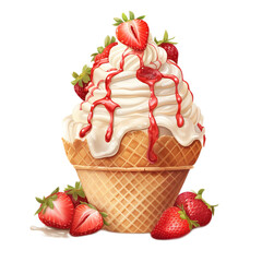 waffle cone cake with strawberries on top, clip art