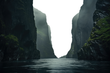 tall fjords. isolated transparent PNG. steep cliff. river, lake, creek. fantasy landscape. Aisen Fjords
