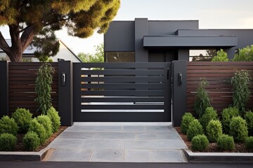A suburban home with a dark metal aluminum house gate, slats garden, and access door. Generative AI - obrazy, fototapety, plakaty