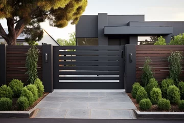 Fotobehang A suburban home with a dark metal aluminum house gate, slats garden, and access door. Generative AI © Kael