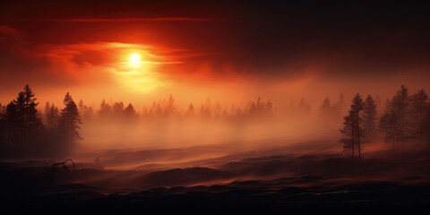 Fototapeta na wymiar red and orange sunset or sunrise sky over a misty foggy covered forest landscape. pine forest on fire. 