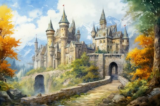 Watercolor painting of a castle in a medieval fantasy town ruled by a king, surrounded by stone walls. A magical city full of adventure. Generative AI