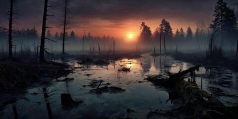 Fototapeta premium Atchafalaya, Louisiana. sunset, sunrise, dusk, twilight swamp. flooded landscape. rural lake, creek, swamp.