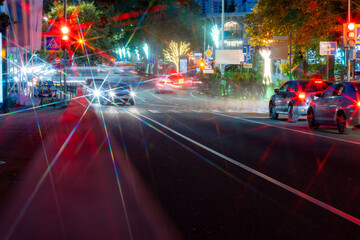 Lights with beams of the night intersection