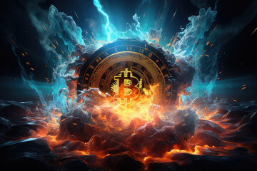 Bitcoin logo splash in the fire and blue smoke