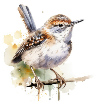 Watercolor Wren bird Illustration, Generative Ai