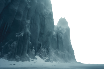 transparent PNG background. steep cliffs over a frozen lake. frozen shore. frozen ocean. ice fjords. winter mountains. 