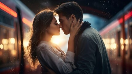 Love passion relationship emotion concept. Young romantic couple hugging and kissing at the train station. Attractive people woman and man. The boyfriend missing girlfriend. Train background.