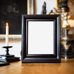 11x14 Black Picture Frame Mockup with Dark Academia Decor and Candle