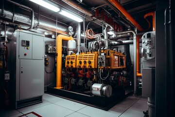 Emergency power supply system using diesel fuel, focused in generator room. Generative AI - obrazy, fototapety, plakaty