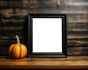 8x10 Black Picture Frame Mockup with Autumn Halloween Pumpkin Decor and Dark Rustic Wood Background