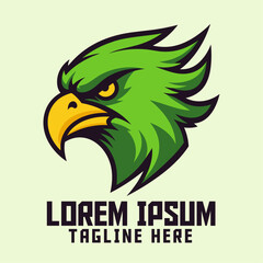 Green Eagle Mascot Head Logo: Hawk, Falcon, Animal Template for Sport and Esport, and Green Bird Icon Badge Emblem