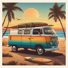 A van with surfboards on the beach at sunset, with palm trees
