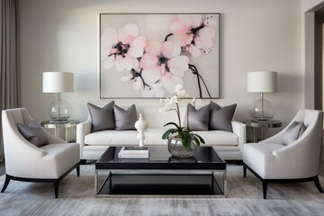 A contemporary living room with a comfy chair, an elegant rug, and a set of floral artwork prints. Generative AI