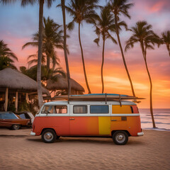 A van with surfboards on the beach at sunset, with palm trees