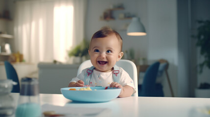 Joyful Mealtime: A Cute Baby Radiates Happiness While Eating in the Cozy Living Room.