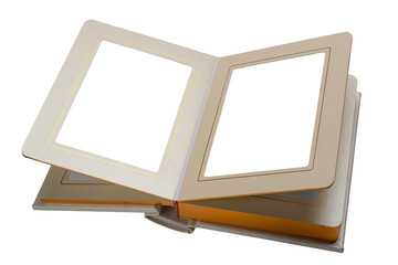 Open photo album in mother-of-pearl cover with gold border lines on pages, top view