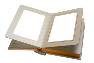 Open photo album in mother-of-pearl cover with gold border lines on pages, top view