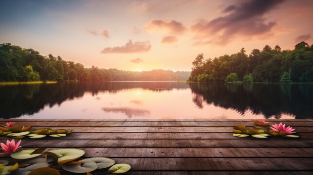 A serene sunrise at a lake, with a wooden pier adorned by water lilies reflecting the pink-orange sky.