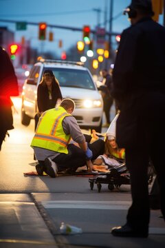 Emergency Crews Gathered Around A Pedestrian That Has Been Struck By A Car On The Road. Generative AI