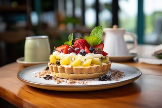 A fruit tart with cream and berries, garnished with mint and chocolate, served in a bright, fresh restaurant setting.