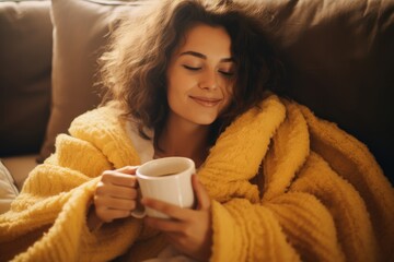 Cheerful young woman drinking coffee while sitting under the covers on the couch at home. Cozy autumn winter atmosphere - obrazy, fototapety, plakaty