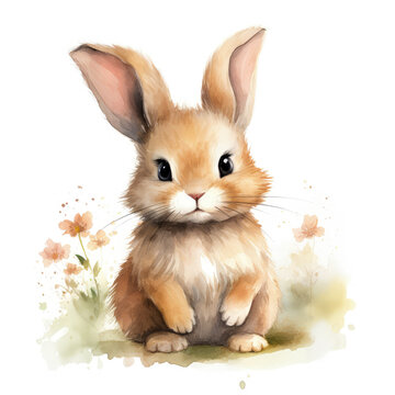 Watercolor Cuddly Bunny Illustration, Generative Ai