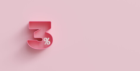 Pink 3d three percents or 3 % on pink background. For advertising promotion, 3d financial concept design. 3% interest special offer. Symbol icon with percentage. Discount concept for cosmetics.