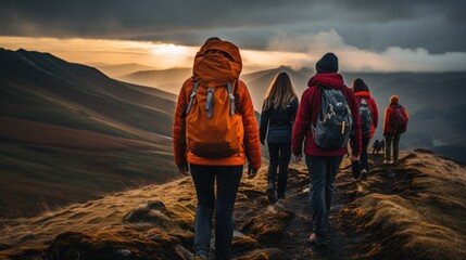 A group of people with backpacks walking up a hill, AI