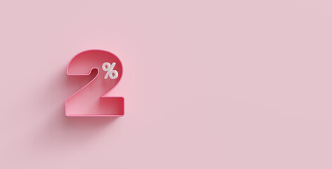 Pink 3d two percents or 2 % on pink background. For advertising promotion, 3d financial concept design. 2% interest special offer. Symbol icon with percentage. Discount concept for cosmetics. - obrazy, fototapety, plakaty