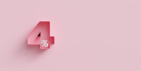 Pink 3d four percents or 4 % on pink background. For advertising promotion, 3d financial concept design. 4% interest special offer. Symbol icon with percentage. Discount concept for cosmetics.