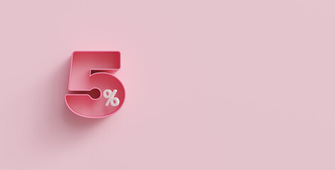 Pink 3d five percents or 5 % on pink background. For advertising promotion, 3d financial concept design. 5% interest special offer. Symbol icon with percentage. Discount concept for cosmetics.